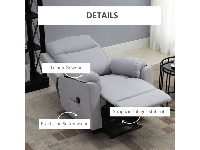 Fauteuil releveur électrique pour senior, tissu gris clair, fauteuil relax inclinable à 160 degrés avec repose-pieds intégré - Conforama E