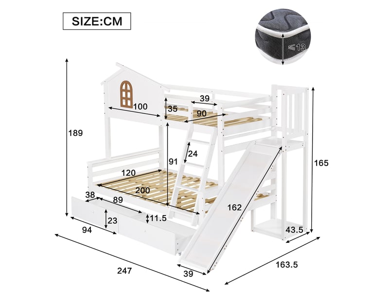  Lit superposé 90x200 et 120x200 cm avec toboggan, escalier et tiroirs blanc  - Conforama C