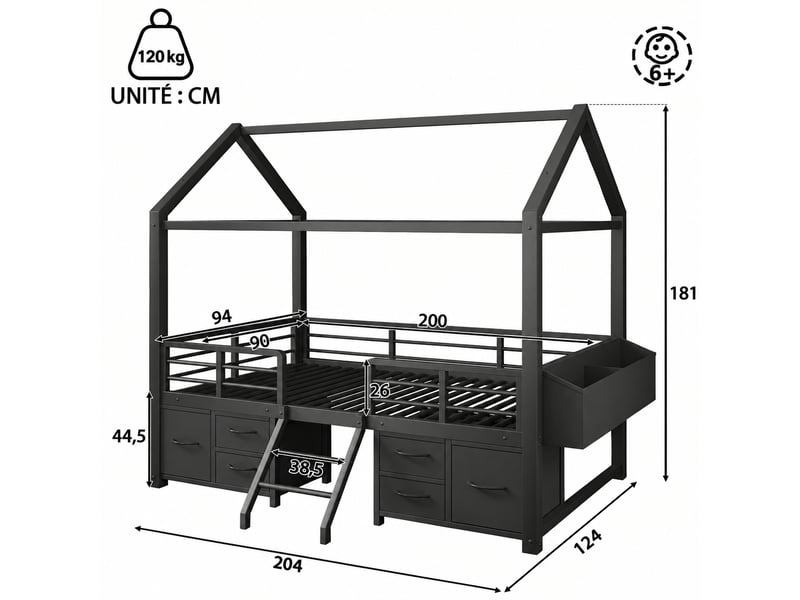  Lit mezzanine enfant 90x200 cm avec toit cabane, led et tiroirs en tissu, noir  - Conforama C