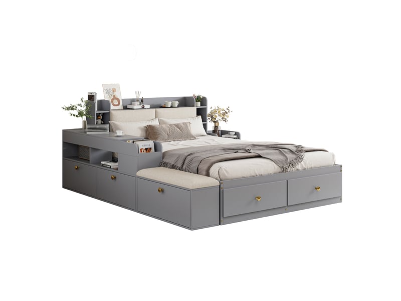 Lit double 140x200cm avec chevet, longue armoire de rangement, siège, tiroirs, tête de lit et sommier, pin+bois+mdf, gris, sans matelas - Conforama A