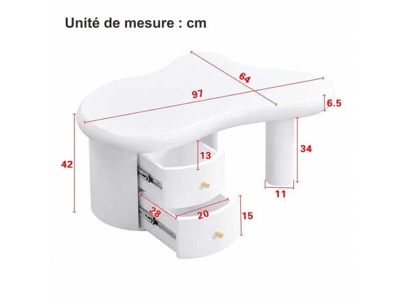  Table basse organique blanche en mdf avec 2 tiroirs, 97 x 64 x 42 cm  - Conforama C