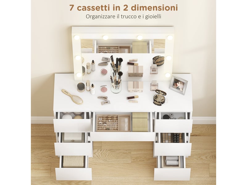  Coiffeuse style hollywood avec miroir, 8 lumières led, 7 tiroirs et tabouret rembourré, blanche  - Conforama E