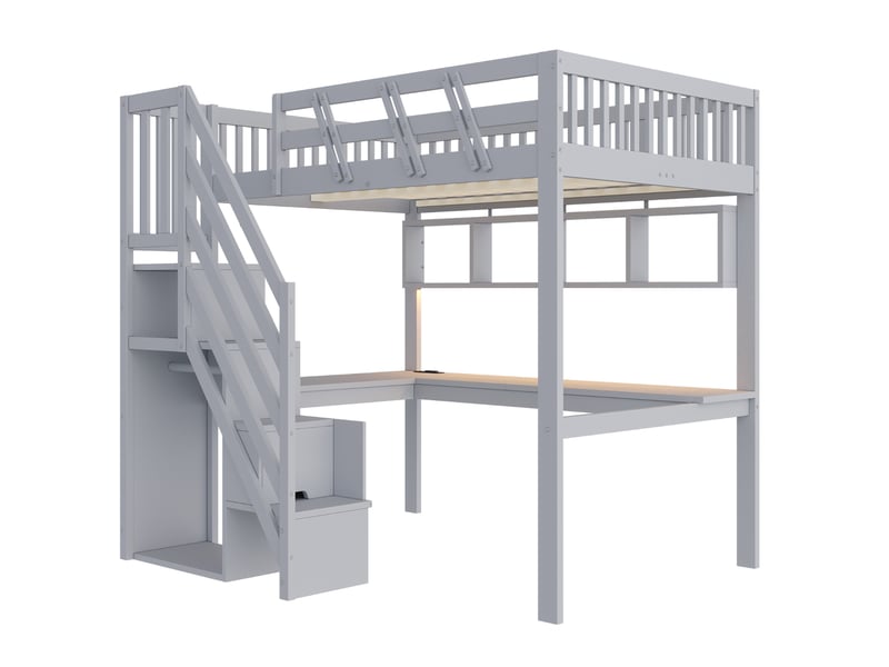  Lit mezzanine enfant 140x200 cm avec bureau, rangements, led et prises usb, gris, sans matelas  - Conforama E