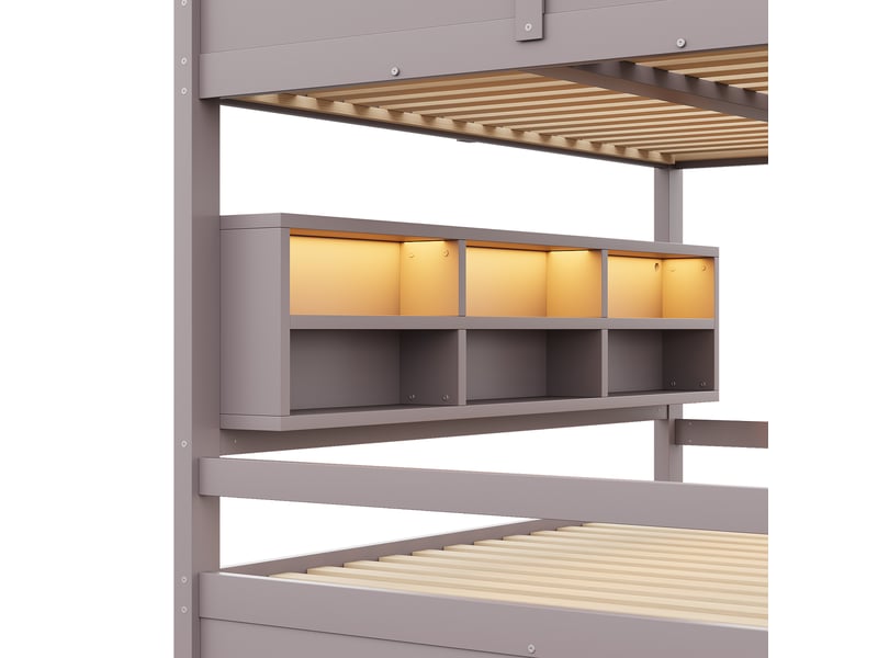 Lit superposé brun 160×200 cm, pin et mdf, 6 rangements latéraux, éclairage led intégré et garde-corps de protection - Conforama D