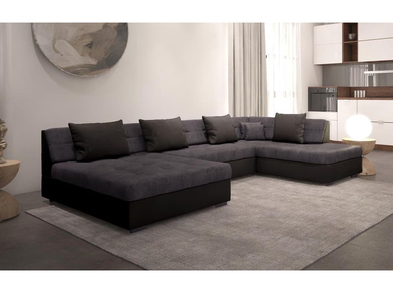 Canapé D'Angle Panoramique Convertible OTIA XXL - 6/7 Places - Simili Et Tissu - Angle Droit Ou Gauche - Gris/Noir - 8