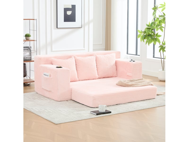  Canapé 3 places tcqpz modulaire en velours côtelé rose 172 x 87 x 64 cm avec porte-gobelets et poches latérales  - Conforama D