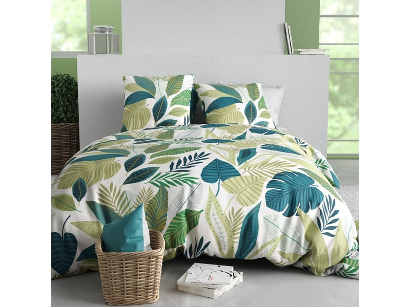  Parure housse de couette 260x240cm + 2 taies motif tropical vert et blanc 100% coton - pikilia PIKILIA - Conforama A
