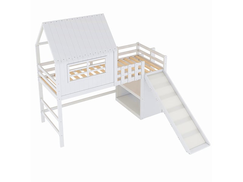 Lit mezzanine enfant 90x200 cm style grenier avec échelle et toboggan sécurité compartiments rangement multiples multifonctionnel bois massif blanc - Conforama F