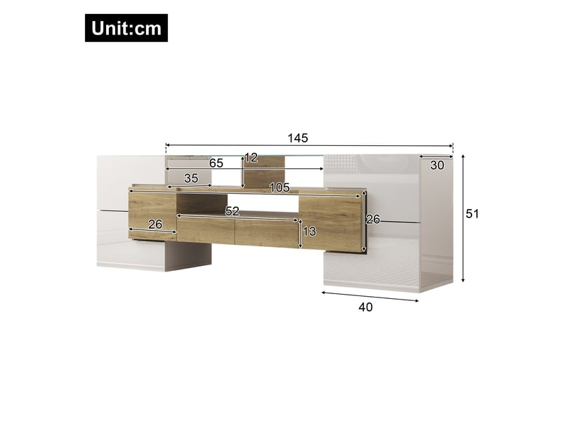  Meuble tv modenvie 145 x 30 x 51 cm led multicolore blanc brillant et bois  - Conforama C