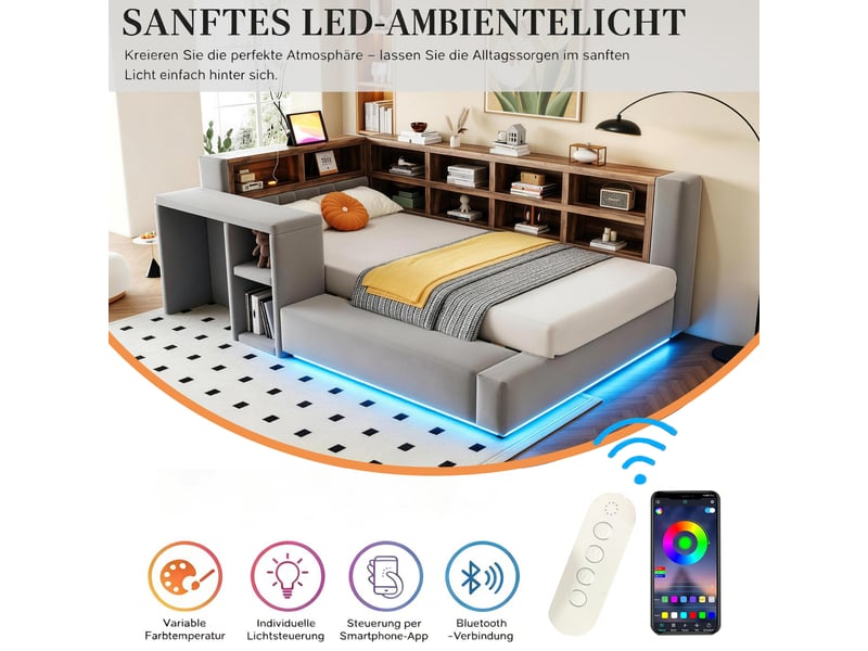  Lit enfant multifonctionnel 90x200 cm - lit simple avec rangement, étagères, led, prises et table d'appoint - gris  - Conforama R