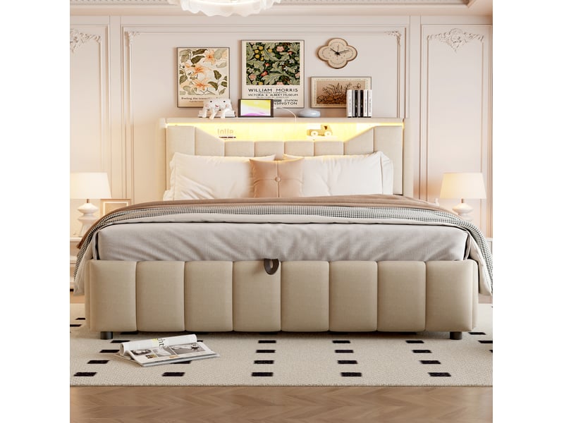  Lit coffre 140x200 cm avec sommier, rangement hydraulique, led et usb beige  - Conforama D
