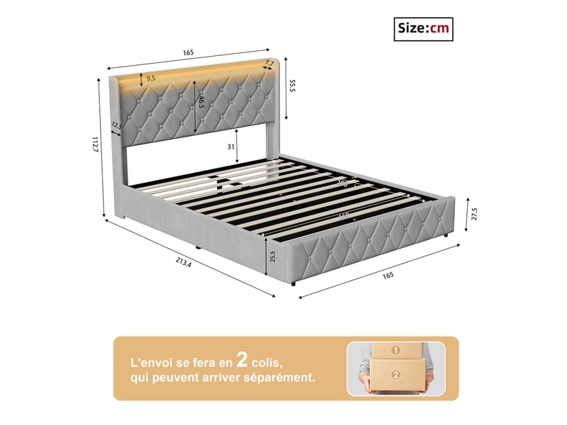  Lit double 160×200 cm  –  lit coffre – rangement hydraulique xxl – éclairage led rgb – port usbtype‑c  –  velours gris  - Conforama C