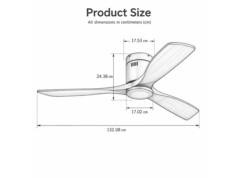  Ventilateur de plafond plat 52 pouces dc avec 3 pales en bois travaillées moteur réversible silencieux télécommande sans éclairage  - Conforama C