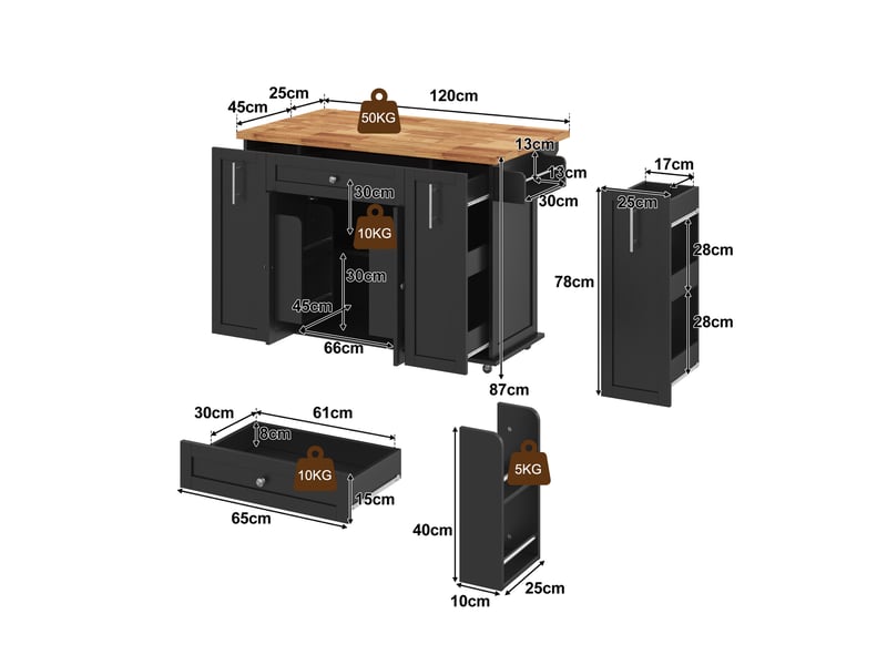  Desserte de cuisine 120x45x87 cm avec plateau rabattable mdf noir et naturel  - Conforama E