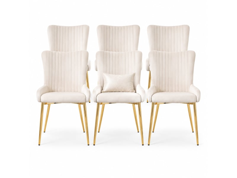  Chaise de salle à manger lot de 6 avec soutien lombaire et pieds métalliques, en velours beige et doré  - Conforama A