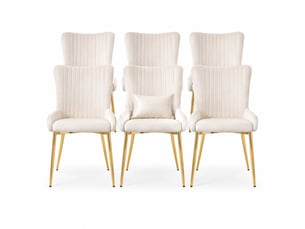 Chaise de salle à manger lot de 6 avec soutien lombaire et pieds métalliques, en velours beige et doré