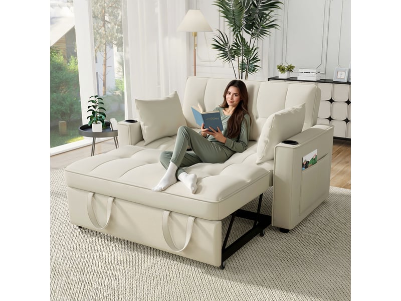  Canapé convertible 137x76,5x83 cm avec fonction couchage, porte-gobelets, coussins, canapé-lit pliable multifonctionnel pour salon et chambre—beige Bliss Lite - Conforama D