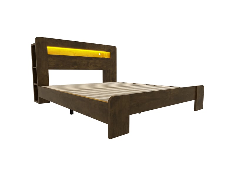  Cadre de lit en bois avec espace de rangement dans la tête de lit, éclairage led, prises intégrées, lit plateforme moderne en bois vintage 140 x 200 cm  - Conforama E