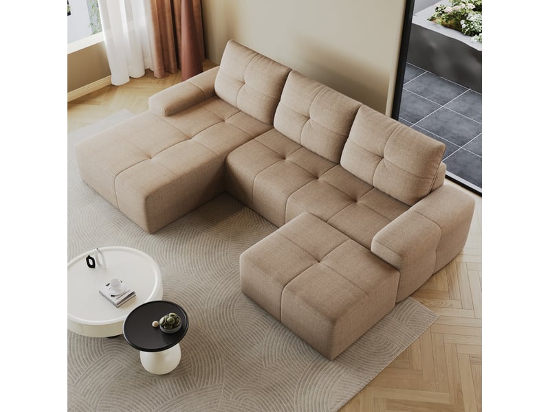  Canapé d’angle nuage 4 places avec pouf, en tissu kaki, 262x172x82 cm  - Conforama R