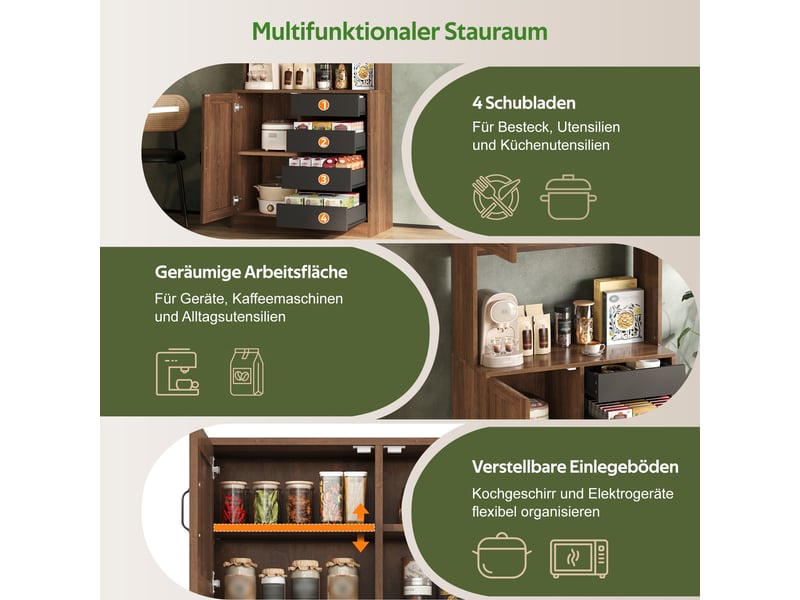  Armoire de cuisine haute 80x40x170cm, 4 tiroirs, placards fermés et étagères réglables, meuble garde-manger effet noyer et noir, pour cuisine  - Conforama E
