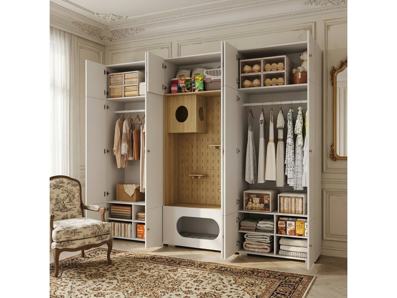 Ensemble de rangement 270x50x200 cm avec penderie et 11 compartiments en panneau de particules blanc et aspect bois - Conforama D