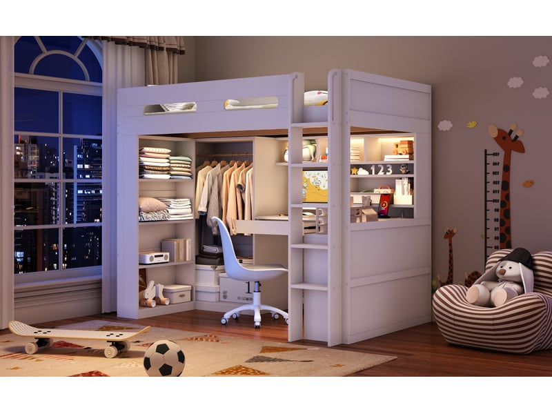 Lit mezzanine simple 90×200 cm avec bureau, armoire, tiroir, led et usb - okmyhome- blanc, sans matelas - Conforama E