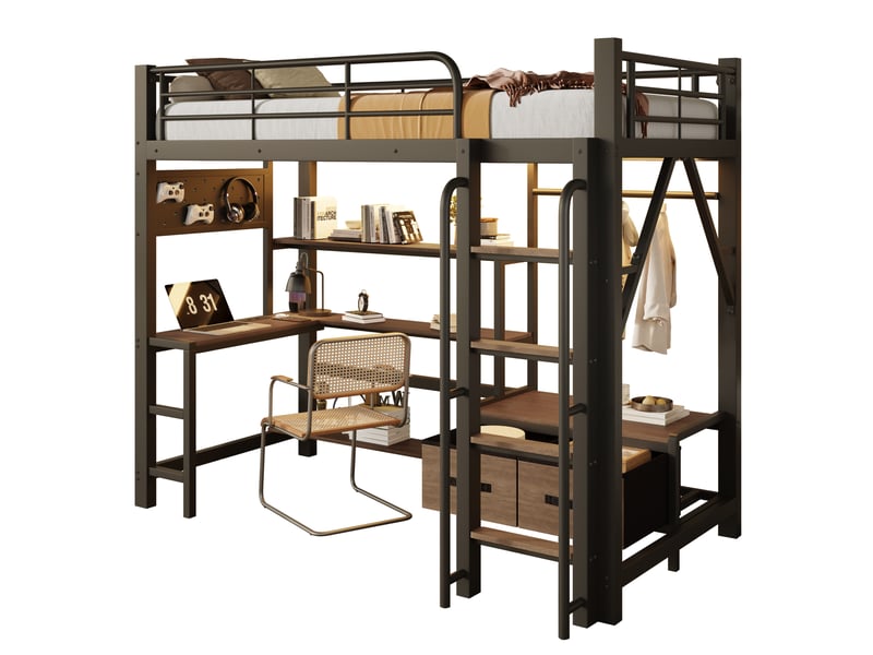 Lit mezzanine tcqpz enfant 90 x 200 cm avec bureau rangement led usb métal mdf noir  - Conforama A