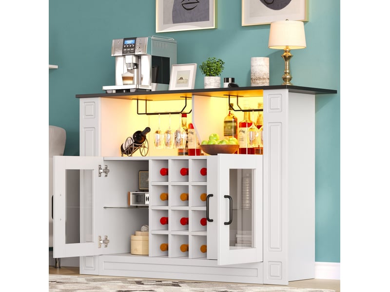  Buffet de cuisine 120x35x84 cm avec led rgb, porte-verres et casier 12 bouteilles blanc  - Conforama B