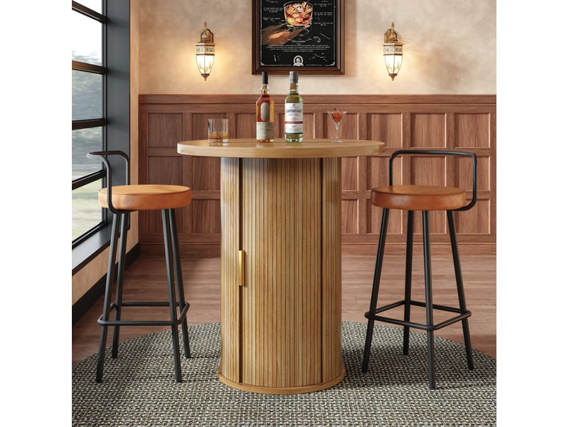  Table de bar ronde avec meuble de rangement à porte coulissante, plateau en mdf pour salon, bois, 60 × 60 × 91,6 cm  - Conforama D