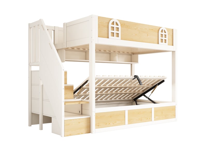  Lit superposé enfant 90x200 cm, lit cabane gain de place avec escalier de rangement et coffre hydraulique, blanc et naturel  - Conforama A