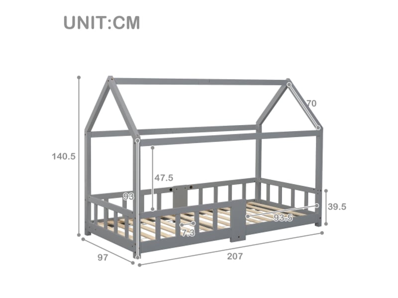Lit cabane 90x200 cm, avec tête de lit et tableau, avec lattes, en bois, gris, sans matelas - Conforama E