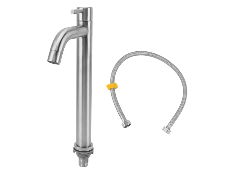  Robinet de cuisine à eau froide simple en acier inoxydable, robinet de salle de bain à trou unique pour maison, appartement, haut et courbé  - Conforama A