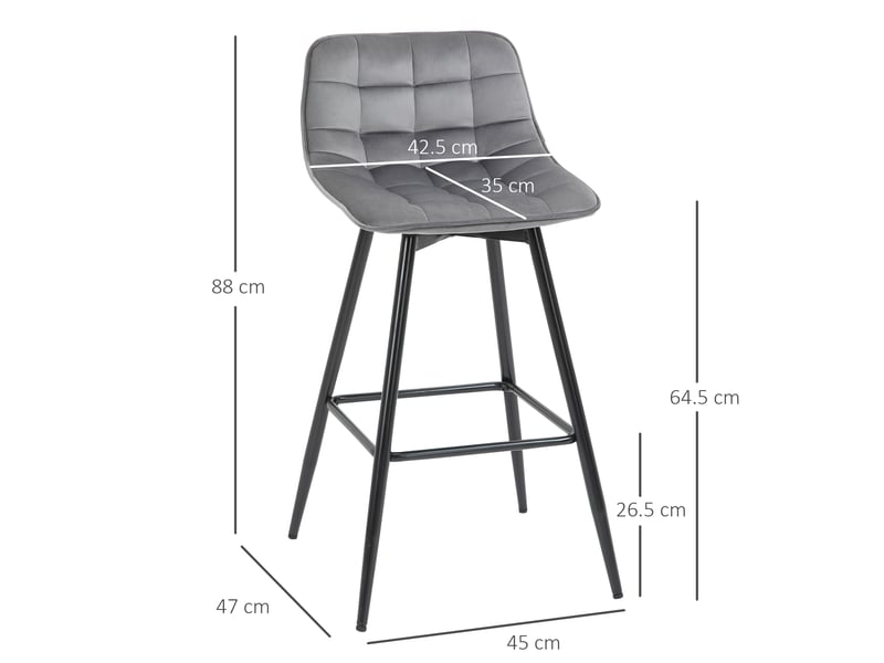  Ensemble de 2 tabourets hauts de style nordique avec dossier et repose-pieds, en tissu effet velours et métal, 45 x 47 x 88 cm, gris  - Conforama E
