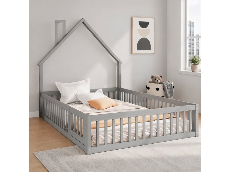  Lit enfant cabane 140 x 200 cm avec sommier à lattes, pin et mdf, gris  - Conforama D