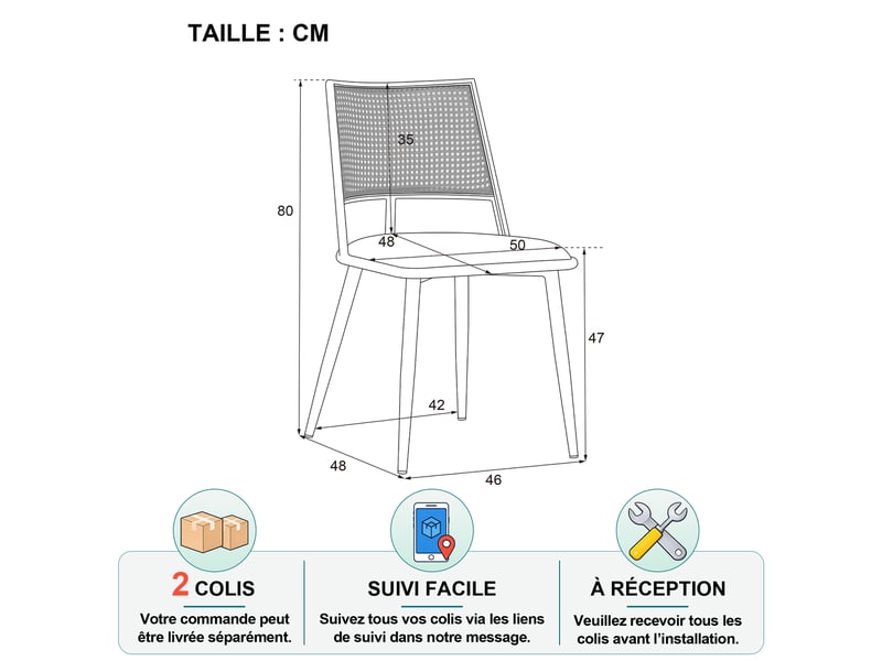  Lot de 4 chaises de salle à manger avec dossier en rotin, assise rembourrée en pu et structure métallique, noir  - Conforama D
