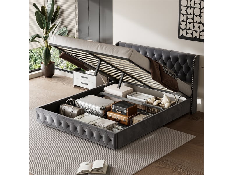  Lit 140x190cm - lit coffre 140x190cm - lit rembourré en velours avec rangement et tête de lit capitonnée rivets - gris foncé  - Conforama D