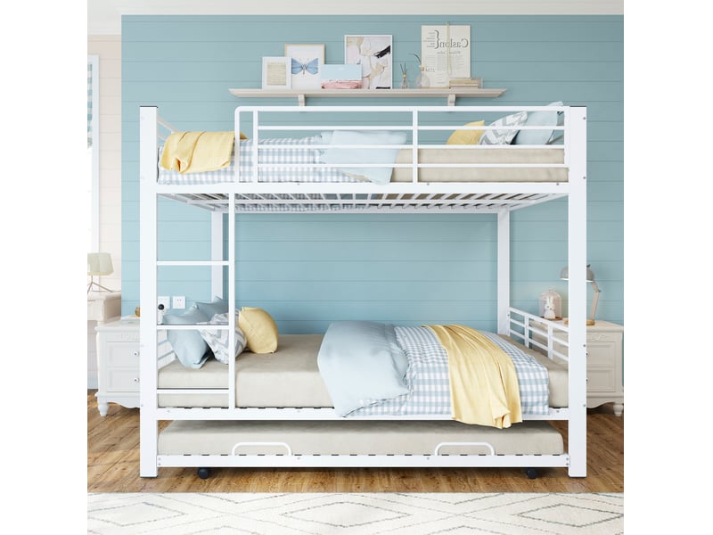  Lit superposé métal 140 x 200 cm pour 3 personnes avec lit inférieur escamotable,blanc mat  - Conforama E