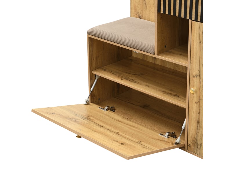  Meuble d'entrée avec miroir, assise rembourrée, crochets et étagères réglables, noir et bois, 110 × 37 × 185,5 cm  - Conforama E