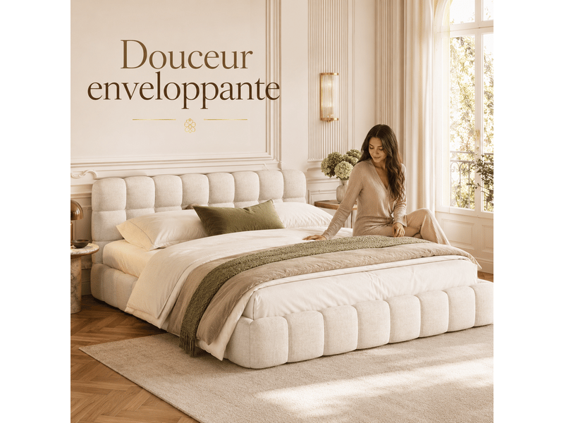 Lit double rembourré 160x200 cm, lit bubble avec sommier à lattes et tête de lits capitonne , lit double 2 personnes,lit queen avec un design unique,cadre de lit pour adulte adolescents, sans matelas, lin, beige, structure de li… - Conforama B