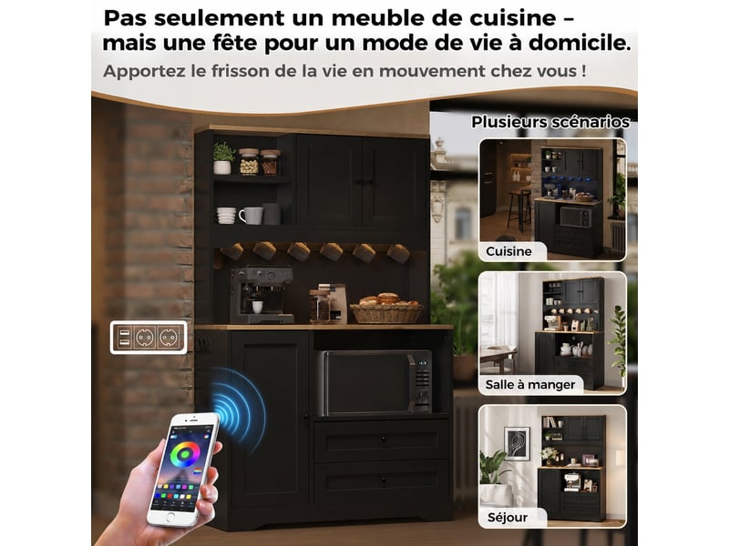  Meuble de cuisine muvano noir, buffet haut de 163 cm avec led, prises et niche micro-ondes  - Conforama B