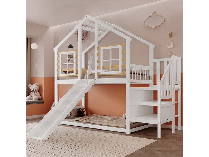  Lit mezzanine,90x200 cm,design maison,avec toboggan,barrière,bois massif et mdf,blanc et naturel  - Conforama D