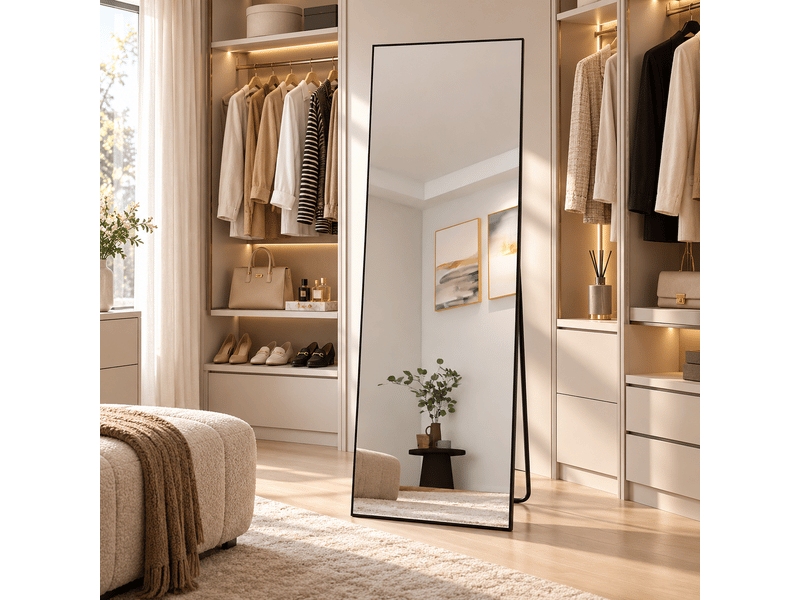  Miroir complet rectangulaire 165 × 60 cm, miroir de sol sur pied avec support, miroir décoratif pour chambre à coucher, salle de bain, entrée, couloir, noir  - Conforama E
