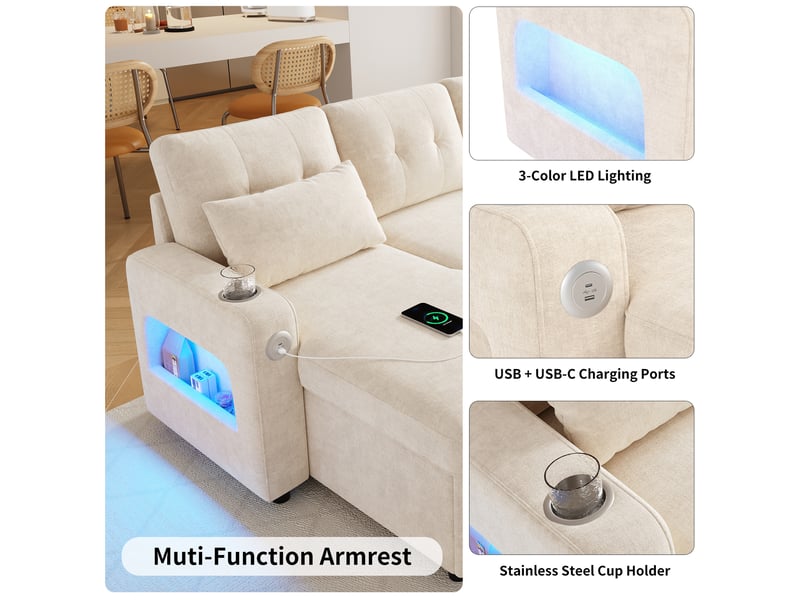  Canapé en u convertible 4 places en tissu chenille beige, 2 méridiennes, rangements, usbtype-c, led  - Conforama D