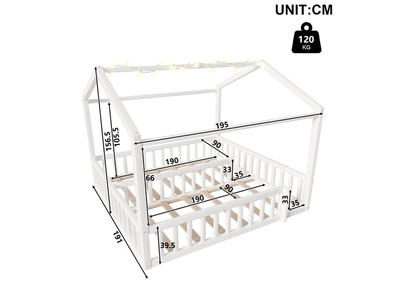  Lit cabane enfant modulable 180 x 190 cm ou 2 lits 90 x 190 cm en pin blanc avec barrières et petites lumières led  - Conforama C