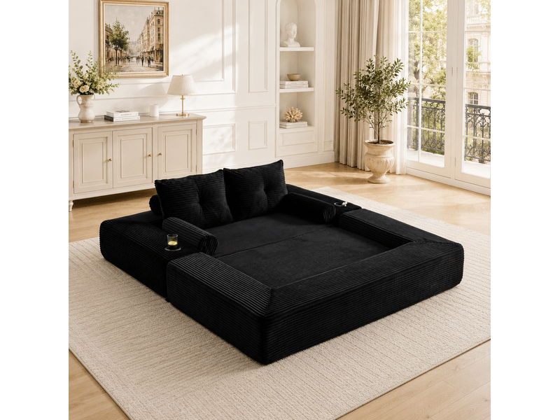 Canapé convertible 2 places modenvie en velours côtelé noir avec accoudoirs amovibles - Conforama B