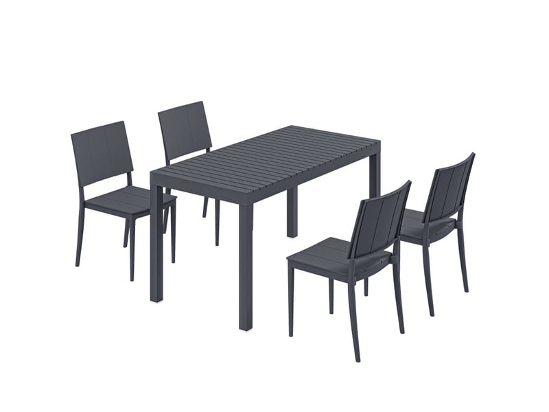 Salon de jardin 5 pièces 141,5x70,5x74,5 cm table large avec 4 chaises empilables métal gris foncé - Conforama A