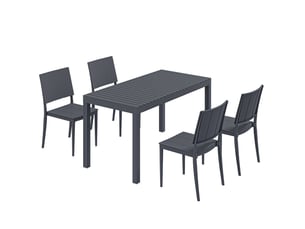 Salon de jardin 5 pièces 141,5x70,5x74,5 cm table large avec 4 chaises empilables métal gris foncé