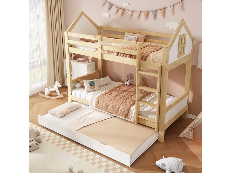  Lit superposé cabane 90 × 200 cm blanc et naturel avec lit gigogne et échelle IKSETERA TRADING LTD - Conforama B