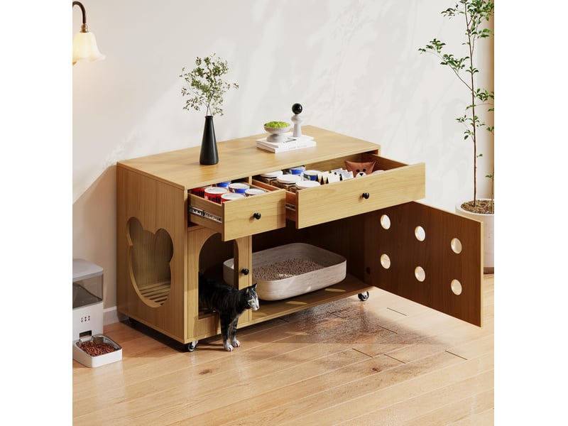  Meuble litière féline 100x45x66 cm – naturel – 2 tiroirs, porte ventilée et roulettes mobiles  - Conforama B