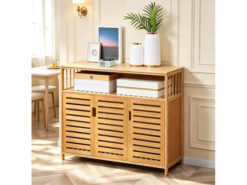  Buffet bas de rangement en bambou naturel 100 x 35 x 82 cm, 3 portes et étagère  - Conforama E